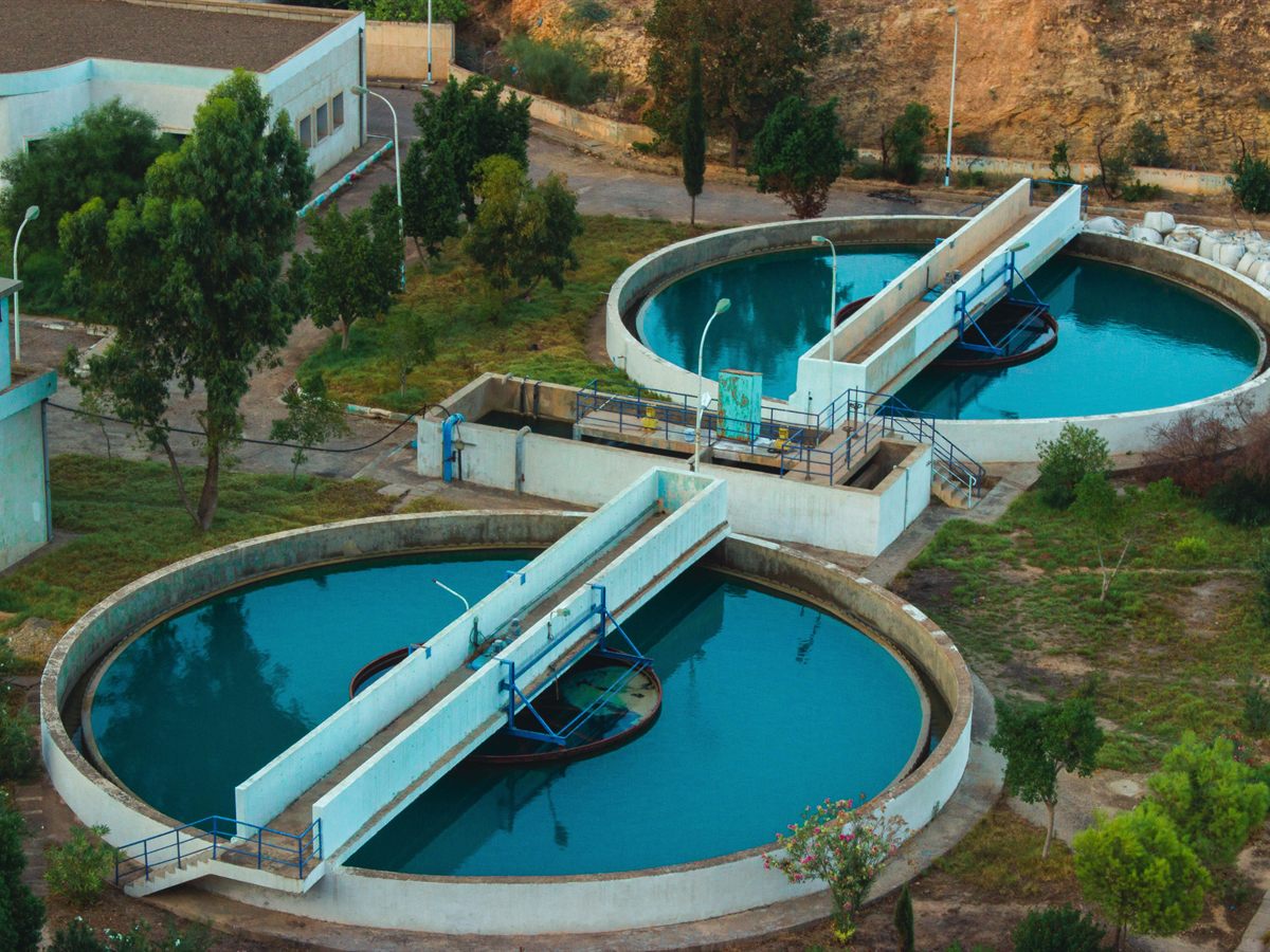 Aerial view of circular clarifier basins at a municipal water treatment plant